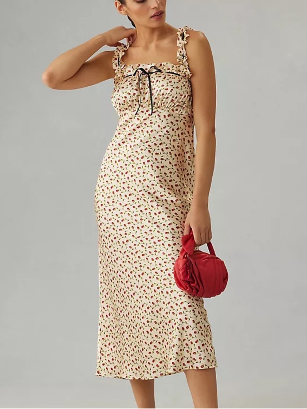 Reformation Cream Midi Dress with Red Floral Print